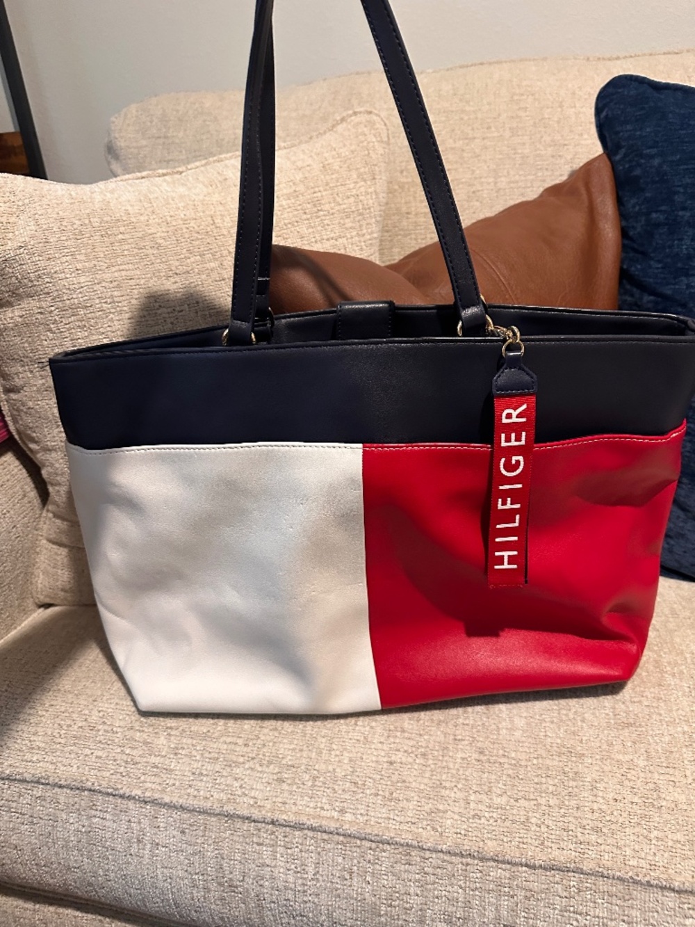 Tommy Hilfiger Red White Blue Colorblock Shopper Tote With Zip Pouch